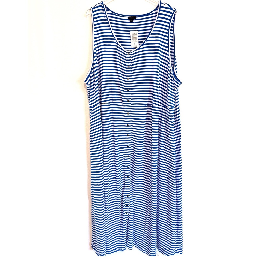 Torrid Plus Size Blue & White Striped Sleeveless Jersey Knit Button Midi Dress